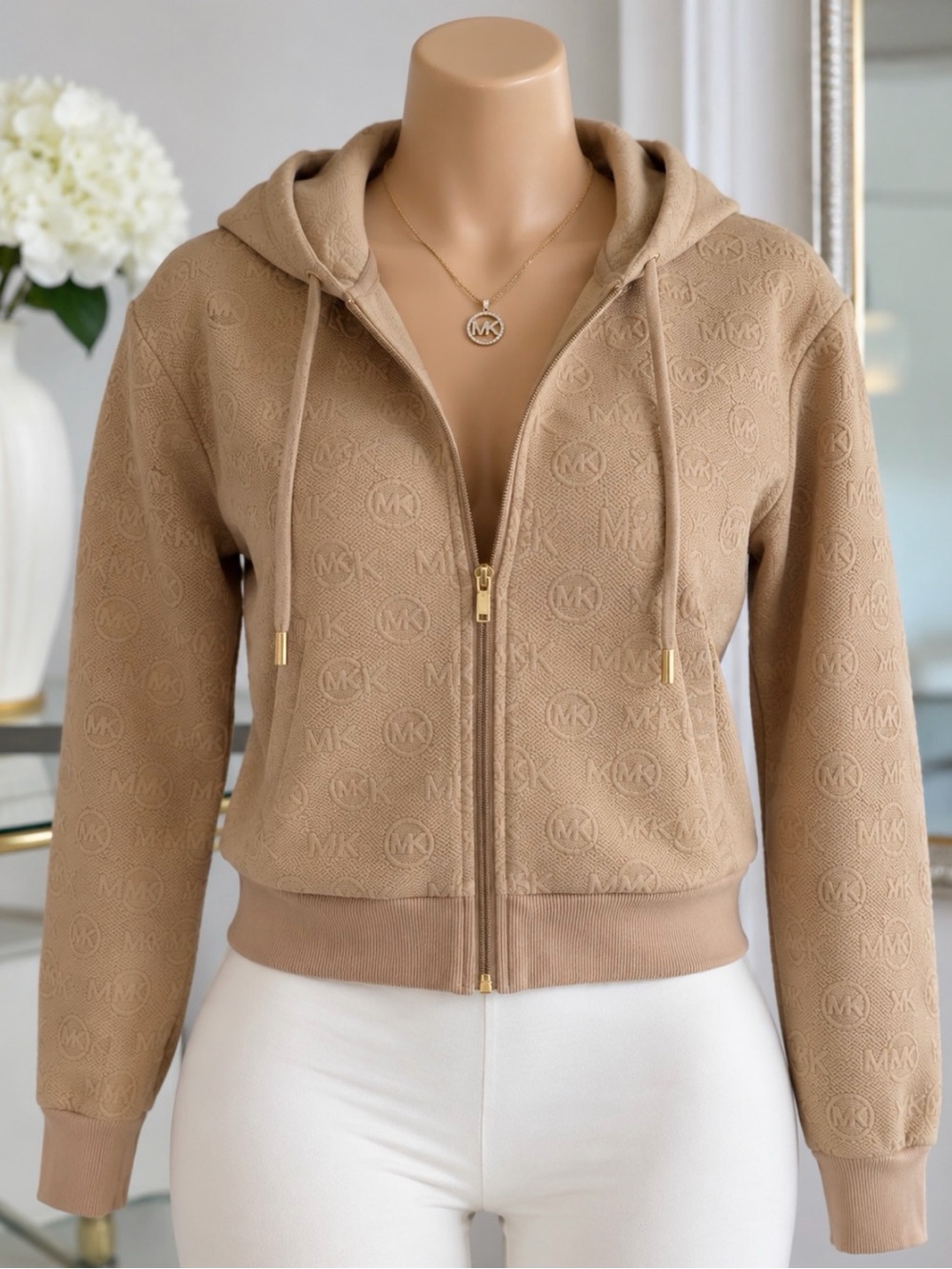 Michael Kors Tan Embossed MK Logo Zip Hoodie